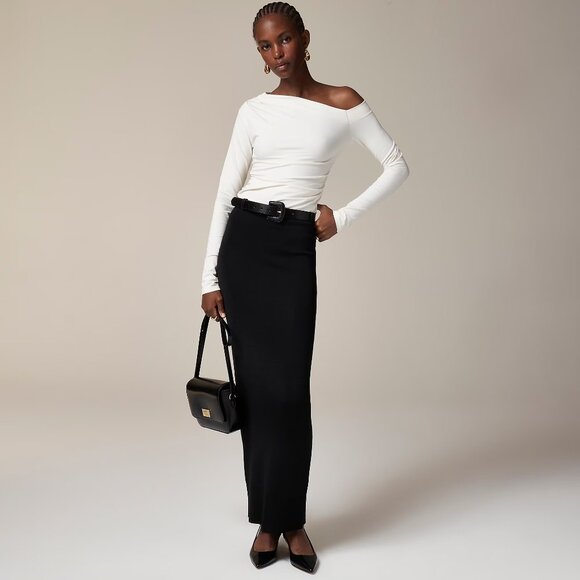 J. Crew Asymmetrical Off-the-Shoulder Top in Stretch Cotton Blend in Black - Picture 3 of 4